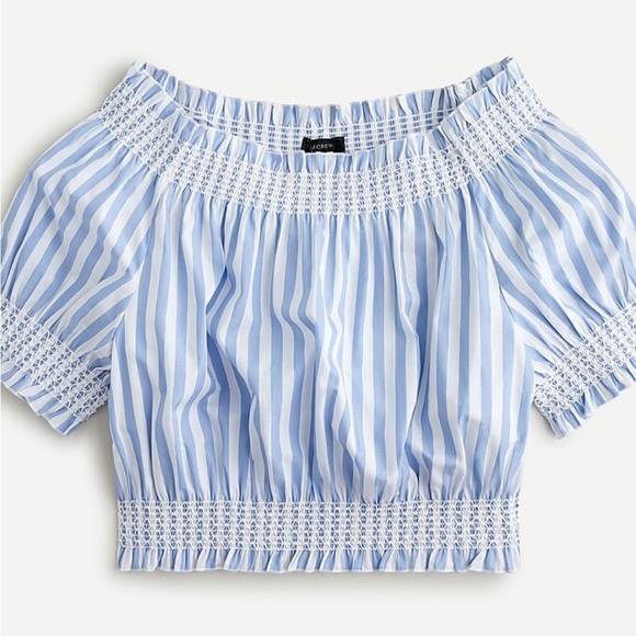 J. Crew | Puff Sleeve Smocked Top Blue and White Stripes Cropped Large - Picture 5 of 8